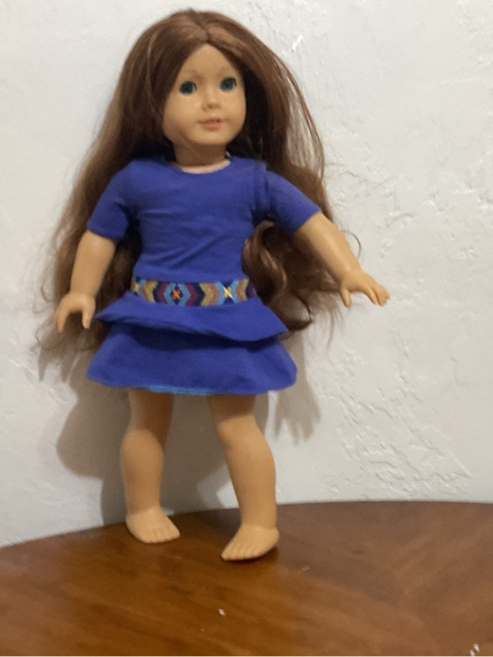 American Girl Royal Blue Layered Dress with Colorful Patterned Belt - Picture 1 of 2